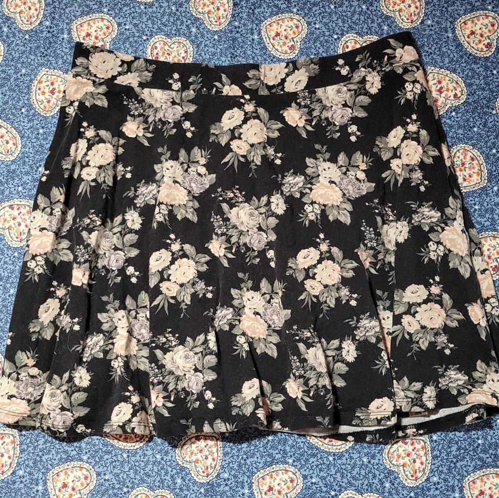 forever 21 black floral skater skirt with cream roses